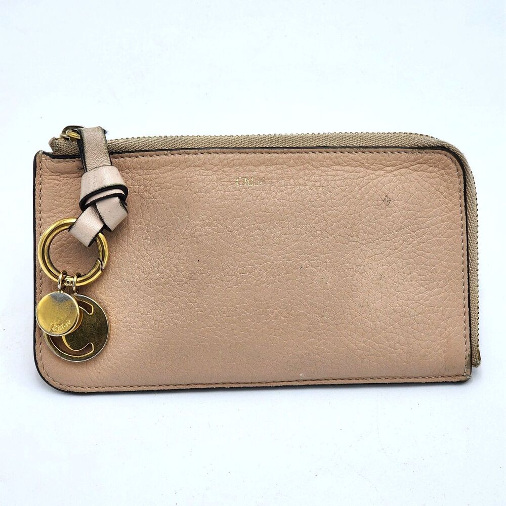 Chloe Alphabet Grained Leather Cardholder Zip Wallet Coin Purse Blush Beige Nude